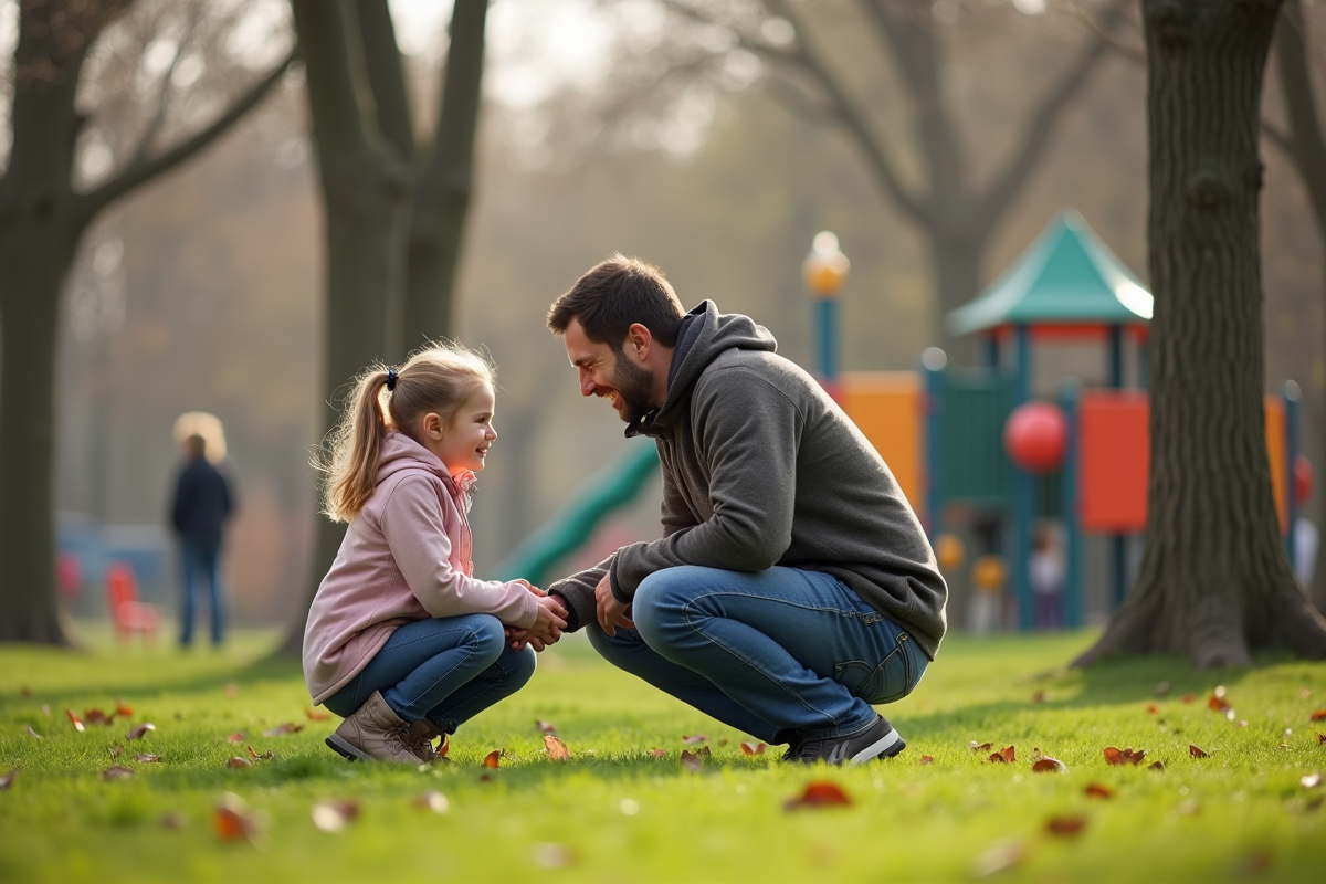 Père parlant à sa fille dans un parc verdoyant