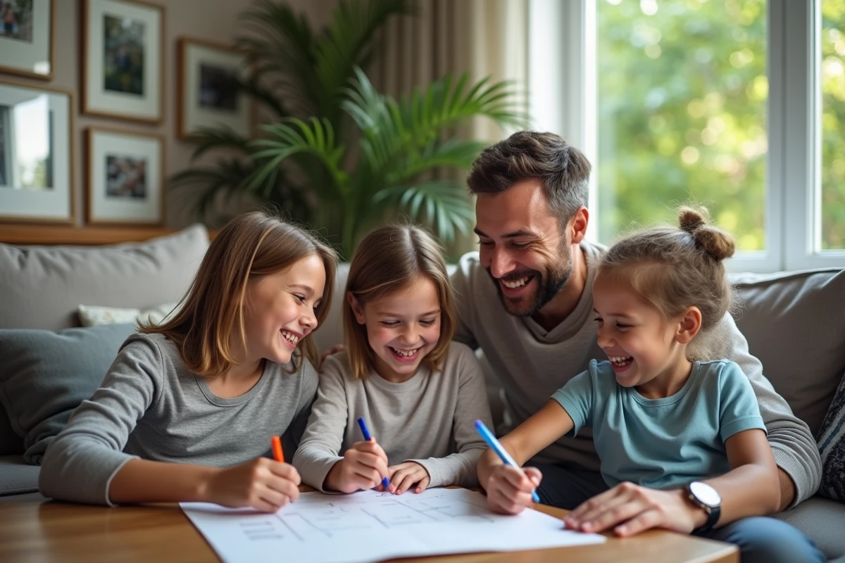 P&egrave;re et filles planifiant leur temps d