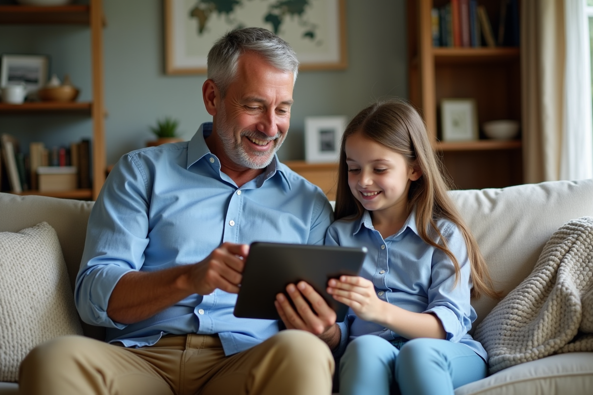Père et fille utilisant une tablette dans le salon