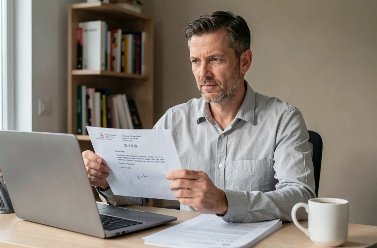 Parent employeur préparant l'envoi d'une lettre de rupture de contrat d'assistante maternelle depuis son bureau à domicile