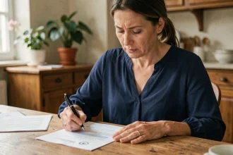 Mère employeur signant une lettre de rupture de contrat d'assistante maternelle à la table de cuisine