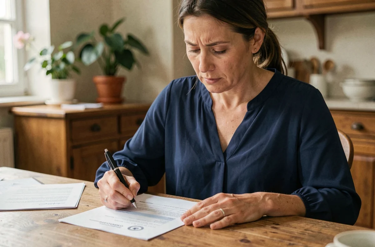 Mère employeur signant une lettre de rupture de contrat d'assistante maternelle à la table de cuisine