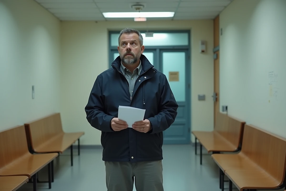 Père inquiet dans un couloir de tribunal de famille attendant une audience devant le juge des enfants
