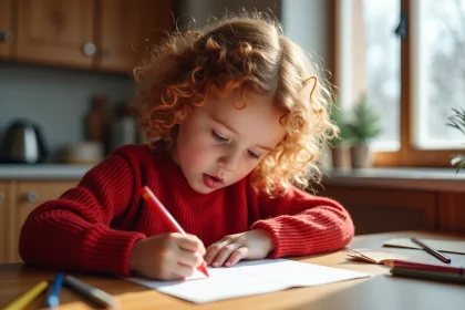 Petite fille écrivant une lettre au Père Noël à la table de la cuisine avec des crayons de couleur