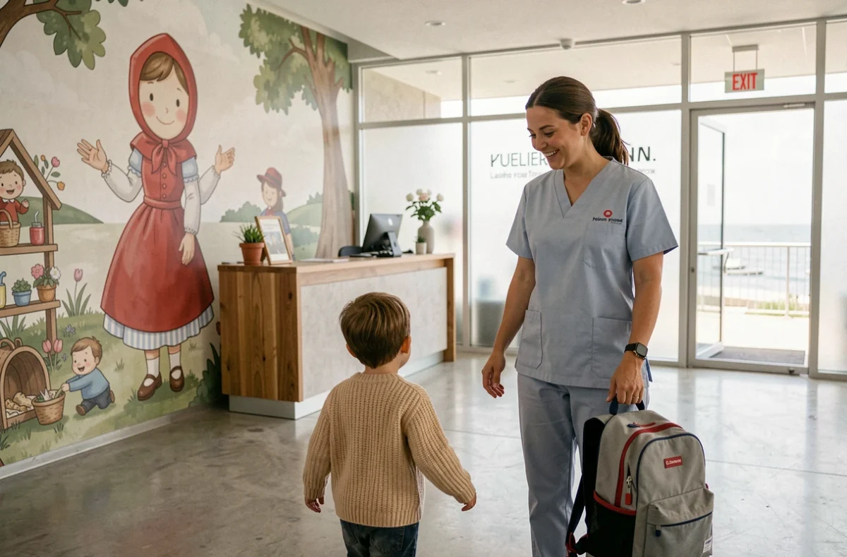 Éducatrice en uniforme bleu accueillant un enfant à l'entrée d'une crèche Les Petits Chaperons Rouges près de Nice