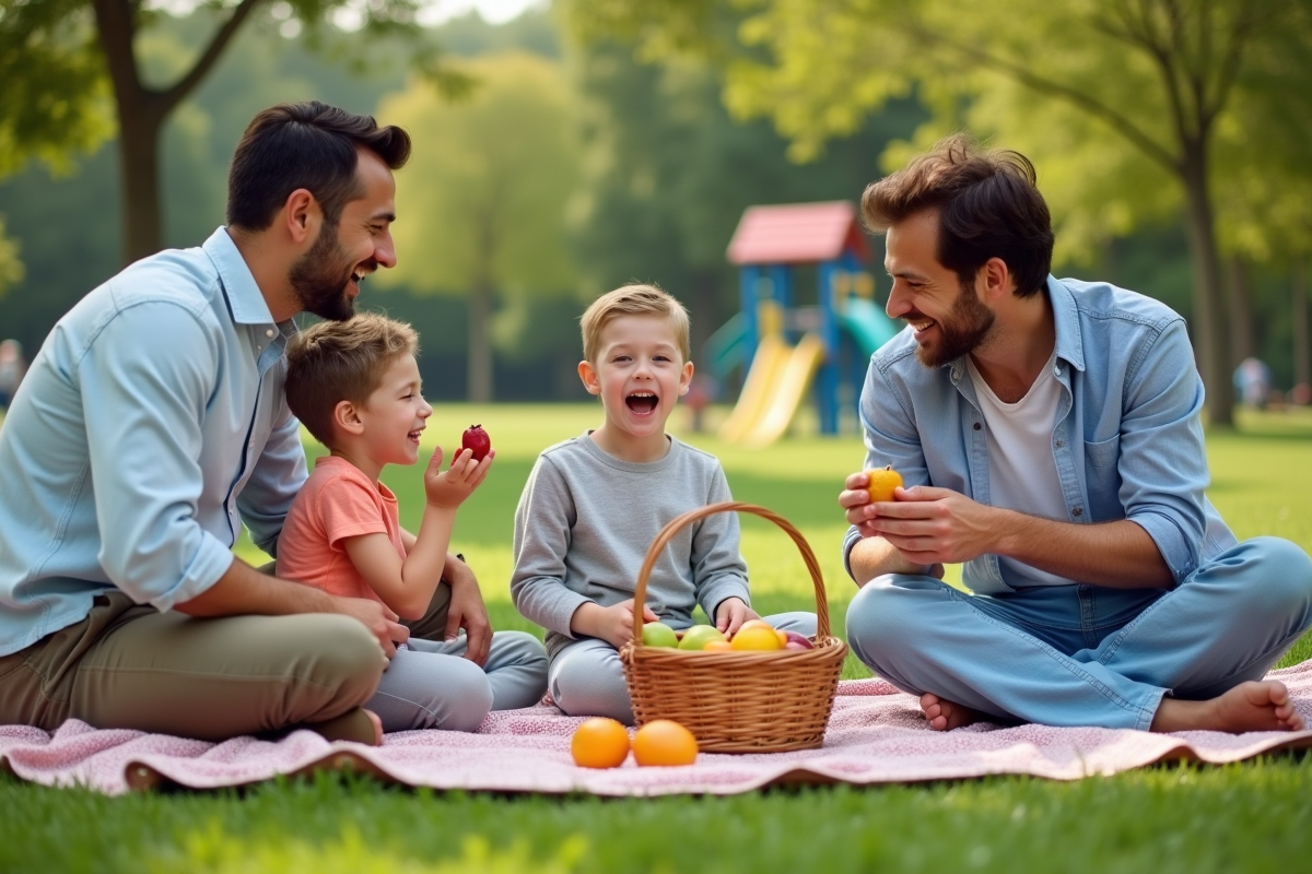 Famille de deux pères et enfants profitant d
