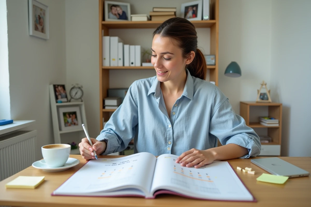 Femme planifiant ses vacances scolaires zone B 2026 avec un calendrier et un agenda posés sur un bureau en bois