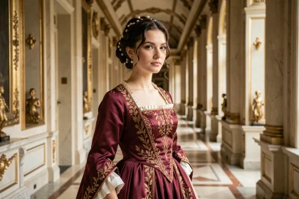 Portrait d'une jeune femme en robe de cour du XIXe siècle inspirée de la famille Wittelsbach dans un couloir de palais baroque doré