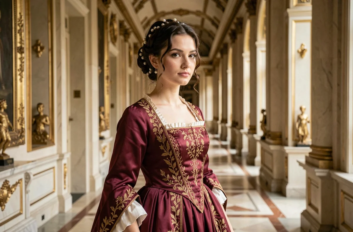 Portrait d'une jeune femme en robe de cour du XIXe siècle inspirée de la famille Wittelsbach dans un couloir de palais baroque doré