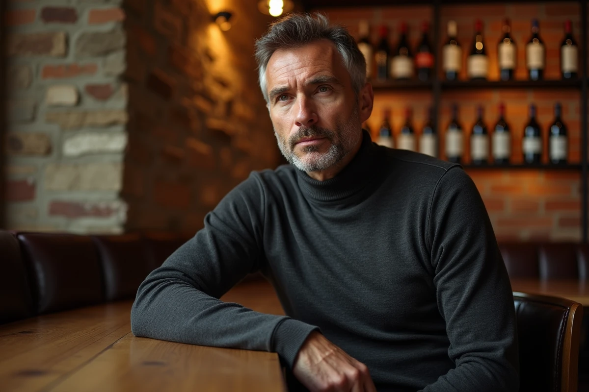 Portrait d'un homme élégant assis dans une brasserie française contemporaine, expression intrigante