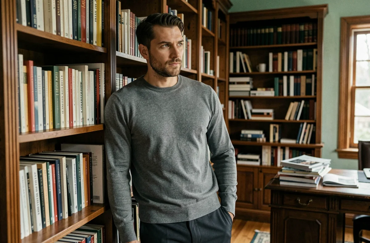 Portrait intimiste d'un homme de presse debout près d'une bibliothèque chargée d'archives dans un bureau personnel aux tons bois chaleureux