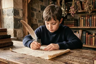 Jeune garçon prénommé Arthur écrivant son prénom à la plume sur un parchemin dans un bureau d'inspiration médiévale