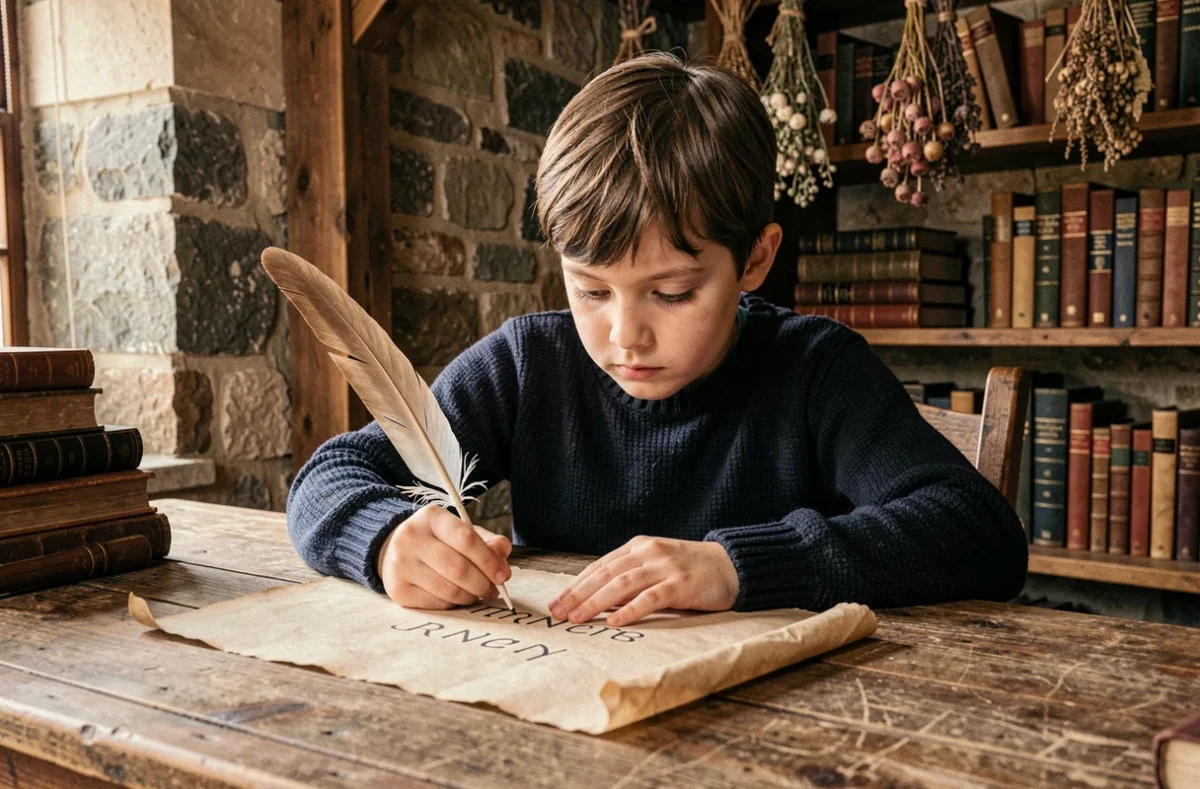 Jeune garçon prénommé Arthur écrivant son prénom à la plume sur un parchemin dans un bureau d'inspiration médiévale