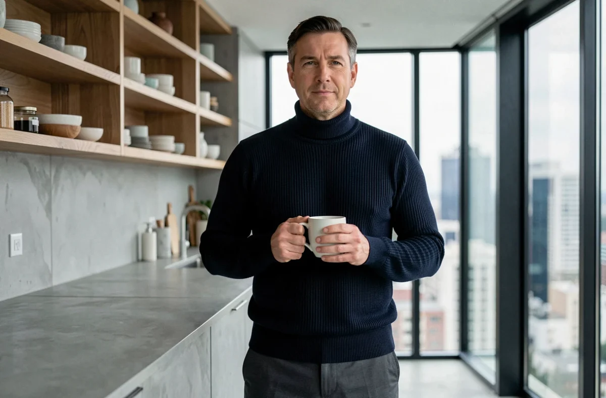 Homme d'une quarantaine d'années au regard serein dans une cuisine moderne, tenant une tasse de café, illustrant la force tranquille et la maturité émotionnelle du prénom Raphaël