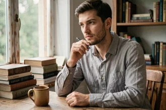 Jeune homme prénommé Raphaël assis à un bureau en bois, l'air pensif et introspectif, illustrant le caractère calme et sensible du prénom Raphaël