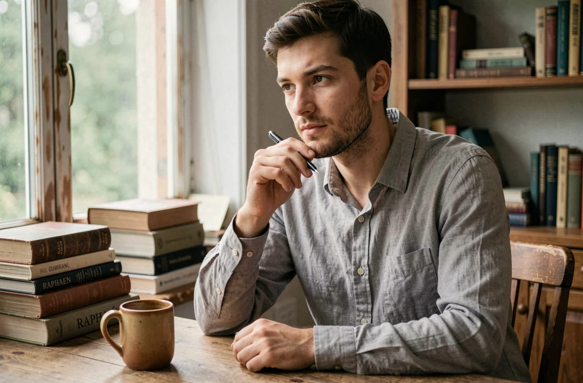 Jeune homme prénommé Raphaël assis à un bureau en bois, l'air pensif et introspectif, illustrant le caractère calme et sensible du prénom Raphaël