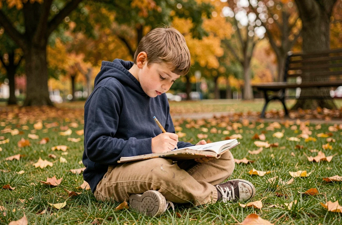 Garçon prénommé Raphaël concentré sur un carnet de dessin dans un parc automnal, illustrant la sensibilité artistique et la force intérieure associées au prénom Raphaël