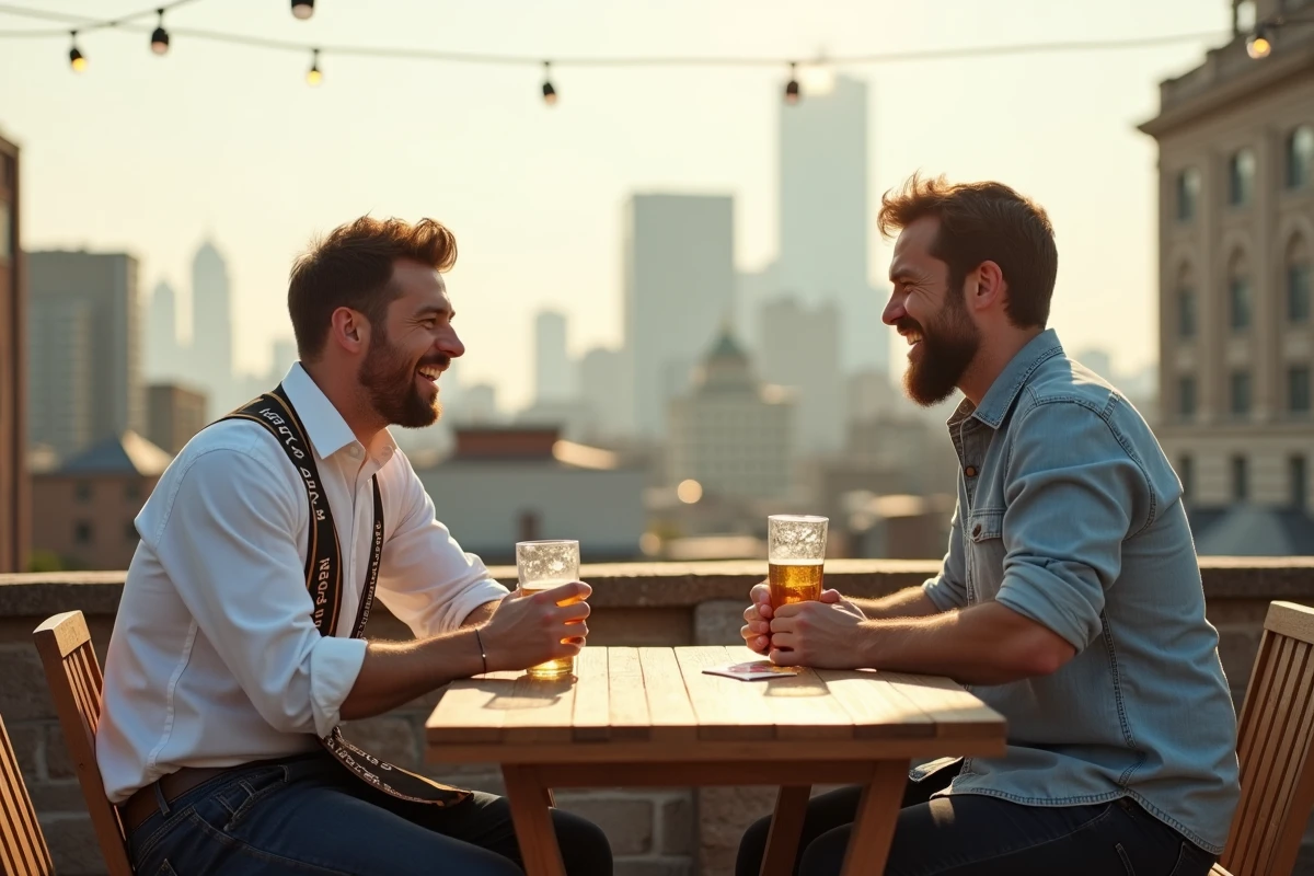 Deux amis en terrasse jouant au jeu de questions pour un EVG avec expressions amusées