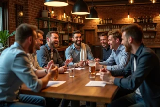 Groupe d'amis jouant à un jeu de questions lors d'un enterrement de vie de garçon dans un bar rustique