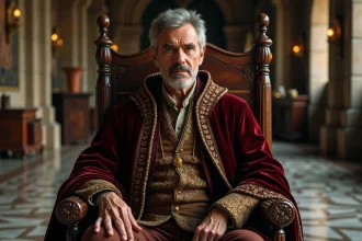 Homme d'âge mûr en costume royal assis sur un trône ancien