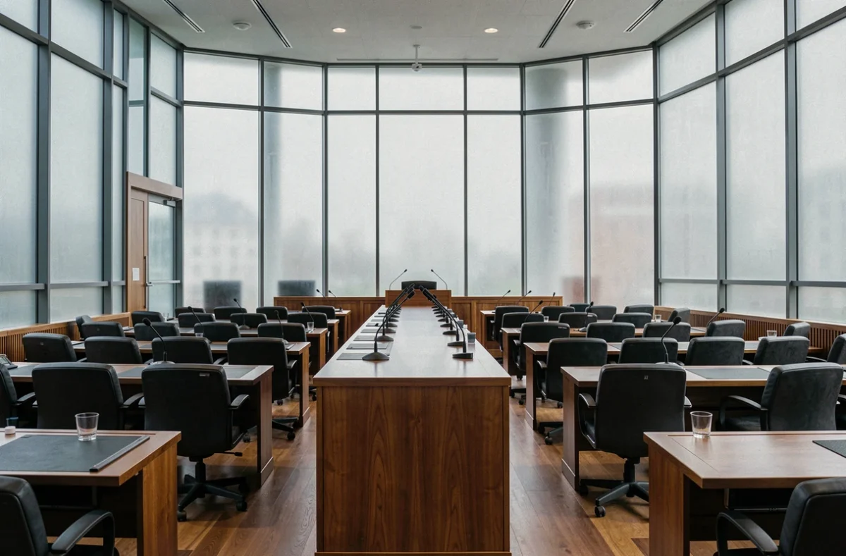Salle de conférence de presse vide avec podium et micros, symbole du débat entre vie privée et transparence médiatique