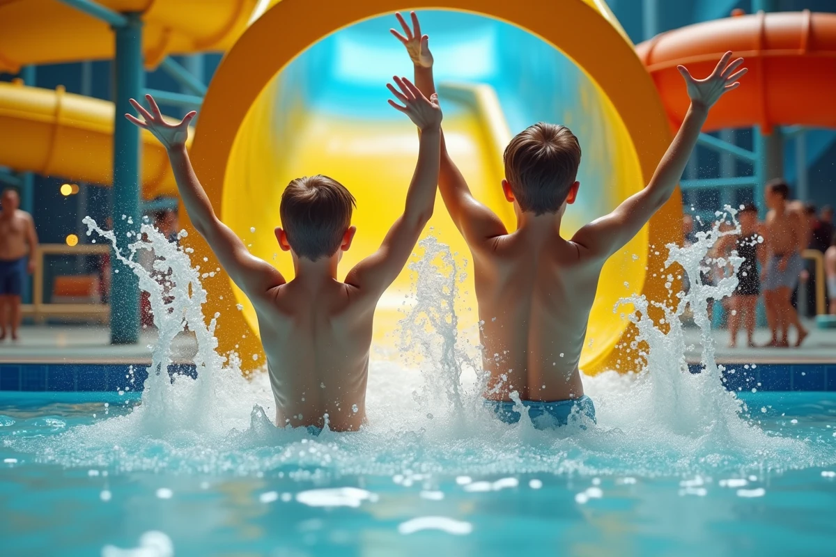 Adolescents descendant un toboggan aquatique au Touquet Parc Aquatique, éclats de rire et sensations fortes