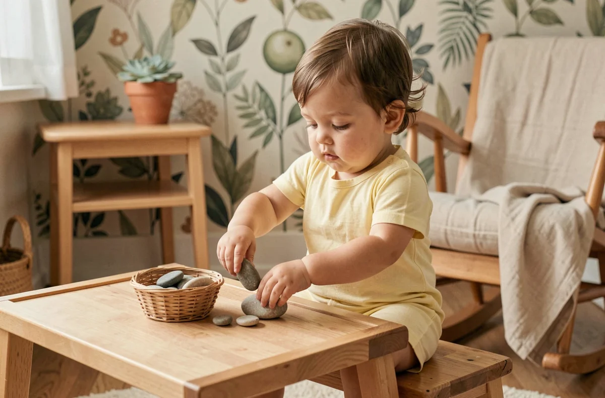 Tout-petit concentré sur un exercice de transfert Montessori avec des pierres naturelles dans une chambre d'enfant apaisante