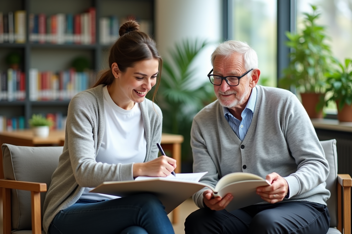 Tuteur âgé aidant une adulte en lecture dans une bibliothèque