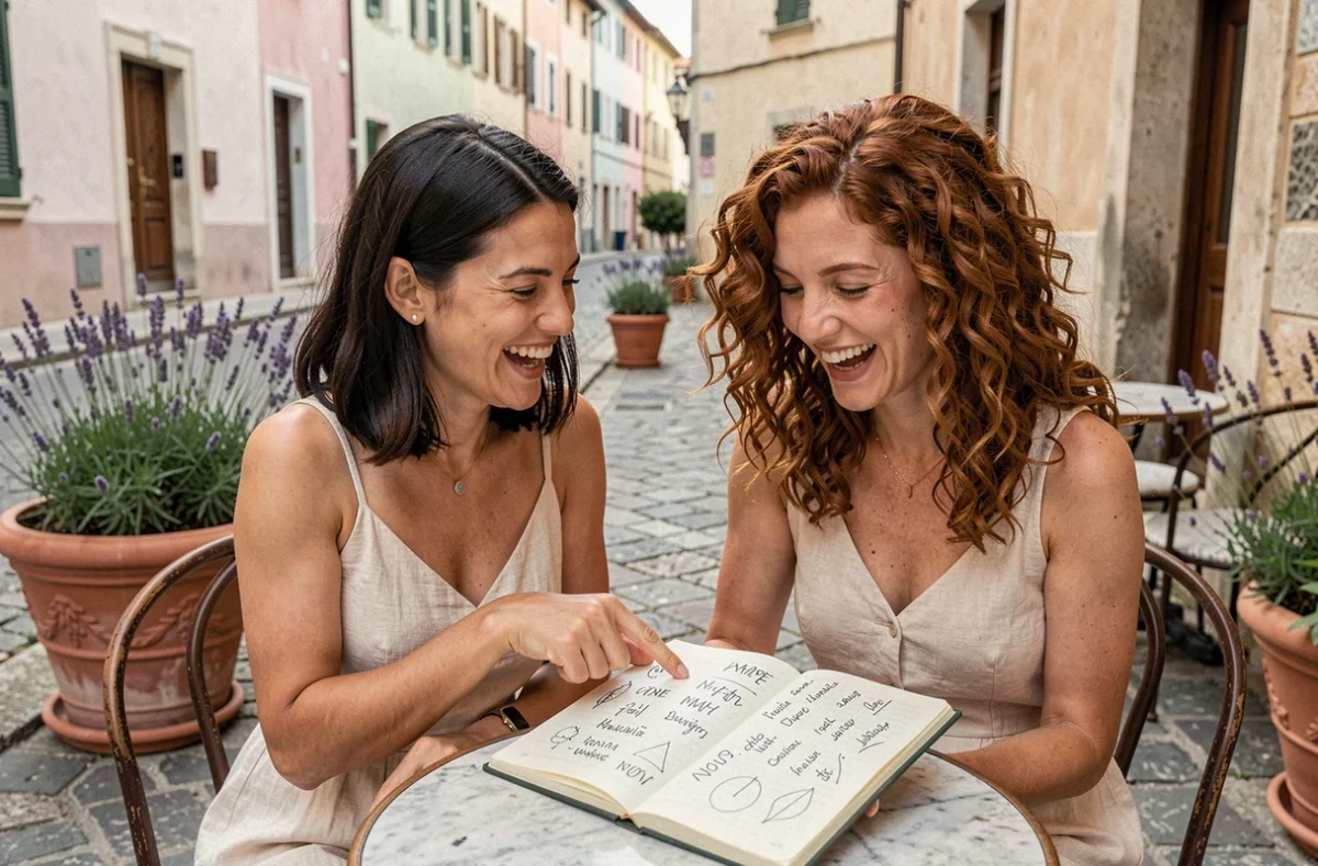 Deux femmes discutant des variantes et prénoms proches de Lisa autour d'un carnet ouvert dans un café européen