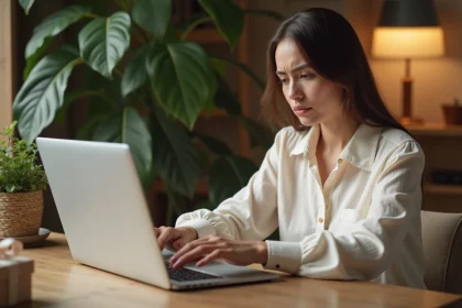 Jeune femme vérifiant une commande de cadeau de naissance personnalisé avec prénom sur un ordinateur portable à son bureau à domicile