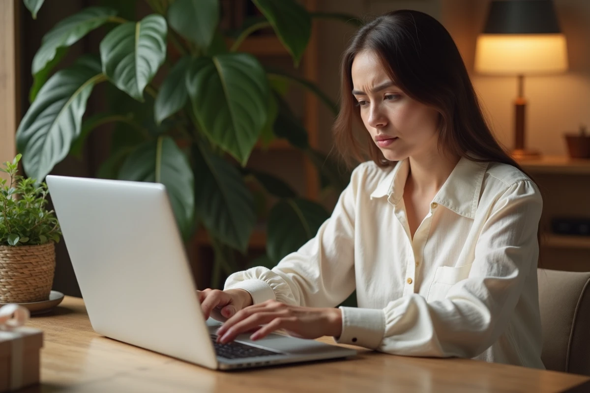 Jeune femme vérifiant une commande de cadeau de naissance personnalisé avec prénom sur un ordinateur portable à son bureau à domicile