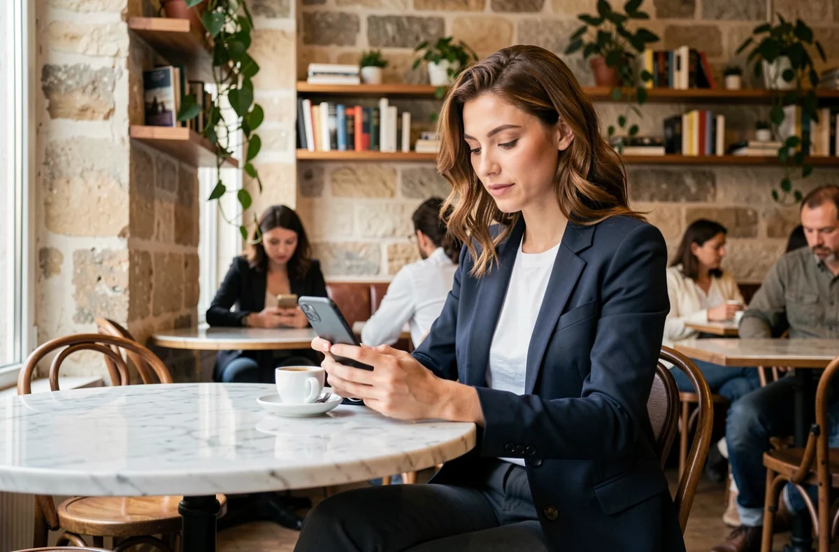 Jeune femme élégante dans un café parisien consultant son téléphone, vie de couple à distance avec un sportif