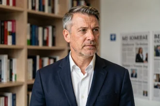 Homme en veston marine dans un bureau éditorial, illustrant le débat sur la vie privée et le droit à l'information