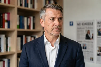Homme en veston marine dans un bureau éditorial, illustrant le débat sur la vie privée et le droit à l'information