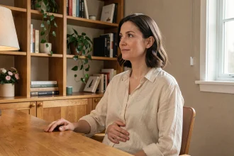 Femme enceinte assise à un bureau en bois dans un bureau à domicile, posant la main sur son ventre, illustrant la question de la vie privée et de l'information personnelle